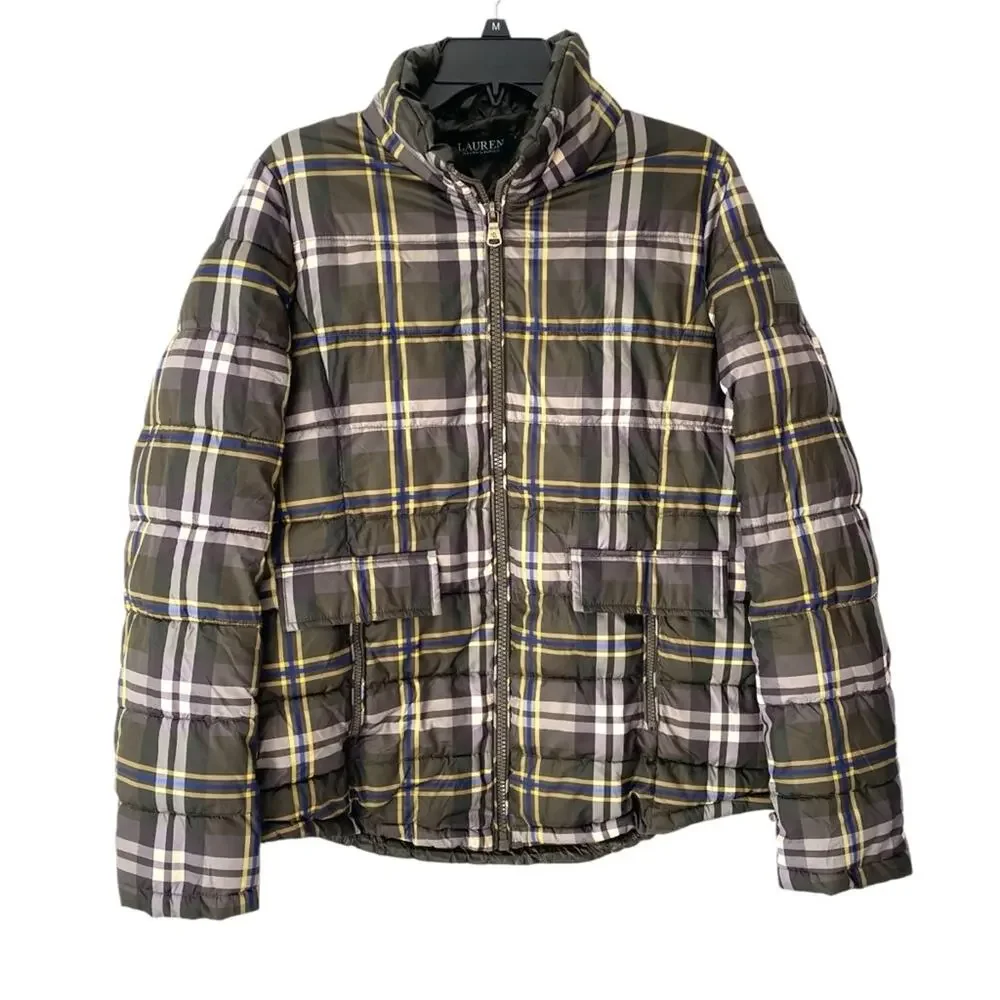Lauren Ralph Lauren Green Plaid Puffer Quilted Jacket Loden Check size medium